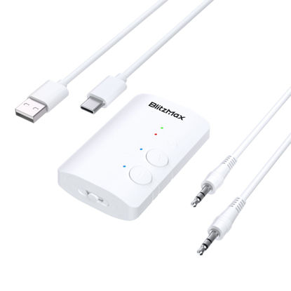 Picture of TV Bluetooth 5.3 Transmitter/Receiver 2-in-1 Mini Wireless Adapter with Headphones Dual Pairs, 3.5mm Aux Audio Jack, Aptx Low Latency for Airplane/Earbuds/Car/Stereo/Treadmill/Tablets - White