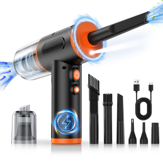 Picture of Compressed Air Duster, 100000RPM Handheld Car Vacuum/Air Blower& Pump, 3 Gear Adjustable Electric Air Duster/Mini Vacuum Cleaner, Rechargeable Keyboard Duster with LED Light-10 Kits Air Blower for PC