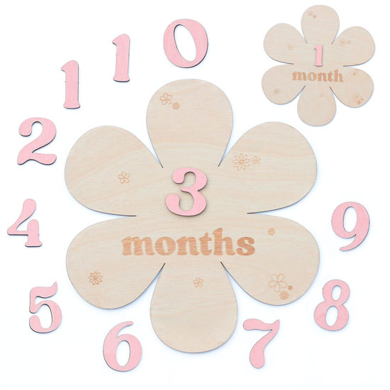 Picture of Baby Monthly Milestone Cards - Wooden Monthly Milestone Discs - Newborn Photography Props to Document Your Baby´s Growth - Baby Announcement Sign (Peta Flower)