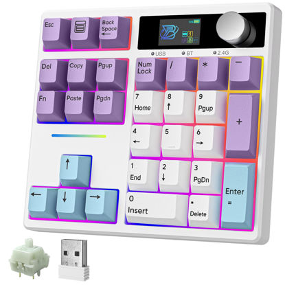 Picture of BOYI TD31Pro Mechanical Number Pad,Bluetooth5.0/2.4G/Type-C Wireless Numeric Keypad,RGB HotSwap Numpad with Screen&Knob,PBT Keycap Rechargeable Gasket Number keypad for PC Laptop Desktop(White-Purple)