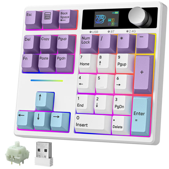 Picture of BOYI TD31Pro Mechanical Number Pad,Bluetooth5.0/2.4G/Type-C Wireless Numeric Keypad,RGB HotSwap Numpad with Screen&Knob,PBT Keycap Rechargeable Gasket Number keypad for PC Laptop Desktop(White-Purple)