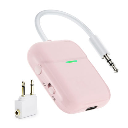 Picture of Nulaxy Air in-Flight Bluetooth Wireless Audio Transmitter Receiver for up to 2 AirPods Wireless Headphones, Bluetooth Adapter for All 3.5mm Aux Jacks on Airplanes, Gym Equipment Pink