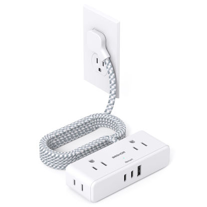 Picture of Flat Extension Cord 6 feet, Flat Plug Power Strip, 4 Widely Outlets with 3 USB Ports (2 USB C), 3 Side Outlet Extender with Extension Cord with Multiple Outlets for Home, Office, Dorm Room Essentials