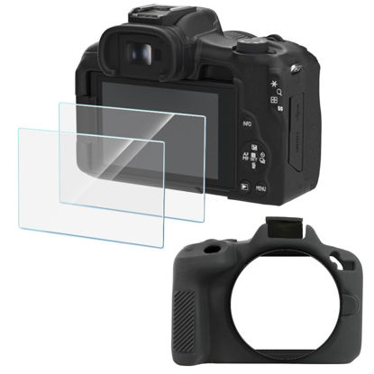 Picture of HUADU Screen Protector (2+1Pack) Compatible for Canon EOS R50,Tempered Glass Film Anti-Scratch High Definition and Soft Silicone Case for Canon EOSR50 Camera, black