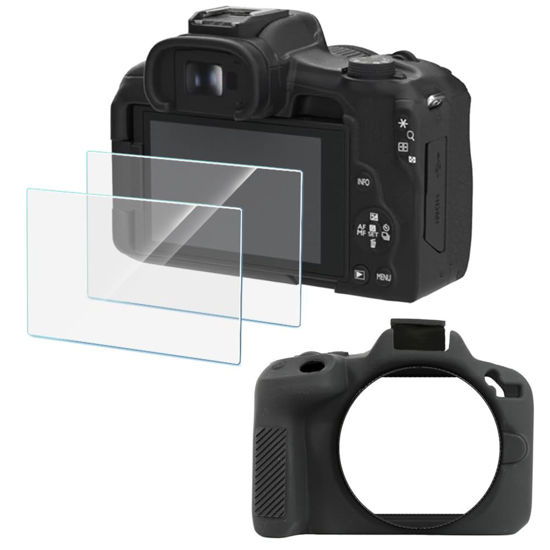 Picture of HUADU Screen Protector (2+1Pack) Compatible for Canon EOS R50,Tempered Glass Film Anti-Scratch High Definition and Soft Silicone Case for Canon EOSR50 Camera, black