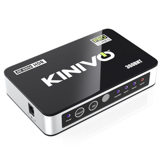 Picture of Kinivo HDMI Switch with Audio Extractor 360BNT (3 in one out, Toslink Optical Audio Port, SPDIF, 4K 60Hz, High Speed 18Gbps, IR Remote) - Compatible with Roku, PS5, Xbox, Apple TV, Dolby Digital/Atmos