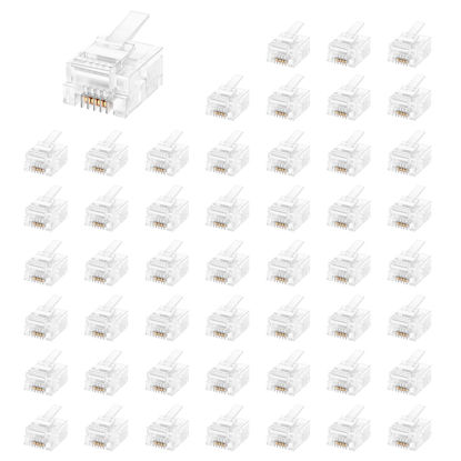 Picture of Uvital 50 Pack RJ11 6P4C Plug, Telephone Handset Flat Cord Cable Modular Plug Connector Phone Jack Adapter Crimp End Crimper Clear Plastic Transparent Color