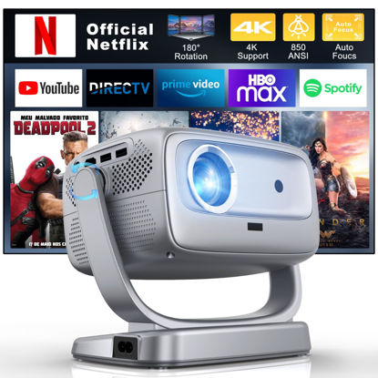 Picture of Projector with WiFi and Bluetooth Portable Outdoor: [Auto Focus/Keystone/360° Stand] Smart TV 4K Movie Projector with Apps Netflix Licensed 850 ASIN 3D Dolby Audio 50%Zoom Android Home Camping Ceiling