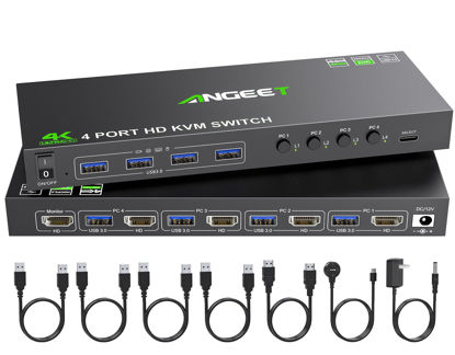 Picture of 4 Port HDMI KVM Switch 4K@60Hz, Simulation EDID, ANGEET USB3.0 KVM Switches for 4 Computers Share 1 Monitor and Keyboard Mouse Printer, with Wired Remote,12V Power Adapter and 5 Cables