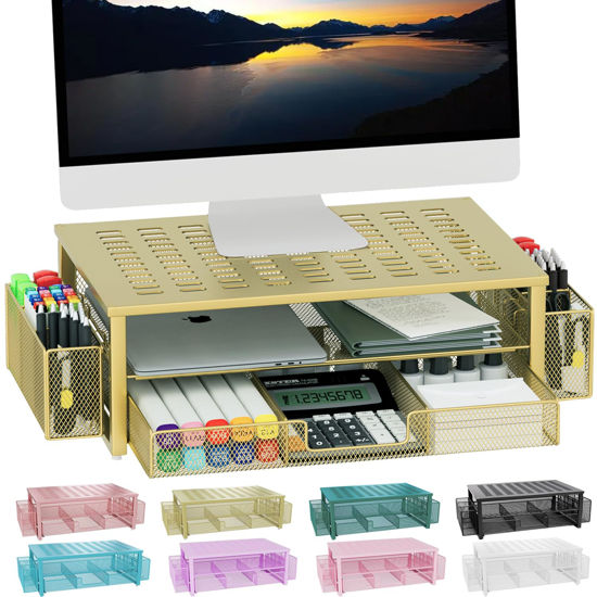Picture of gianotter Monitor Stand with Drawer and Pen Holder, Desk Organizers and Accessories, 2-Tier Monitor Riser, Ideal for Office Supplies Desk Accessories(Gold)
