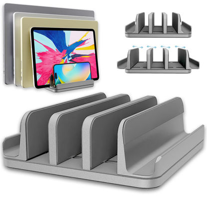 Picture of TEFONIA Vertical Laptop Stand Holder 5 Slots, Aluminum Space-Saving Laptop Holder, Adjustable Size Dock Tabletop Desk Organizer 3 Slot + 2 for Apple MacBook/Surface/PC/Tablet/iPad/iPhone (Space Gray)