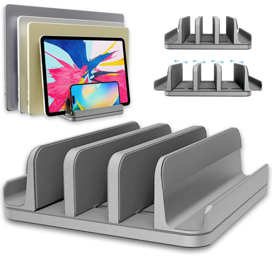 Picture of TEFONIA Vertical Laptop Stand Holder 5 Slots, Aluminum Space-Saving Laptop Holder, Adjustable Size Dock Tabletop Desk Organizer 3 Slot + 2 for Apple MacBook/Surface/PC/Tablet/iPad/iPhone (Space Gray)