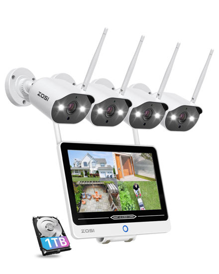 Picture of ZOSI 2K 8CH WiFi Security Camera System with 12.5 inch LCD Monitor,4pcs 3MP Outdoor Spotlight Home Plug-in WiFi Cameras,Motion Detection,Color Night Vision,2 Way Audio,1TB HDD for 24/7 Recording