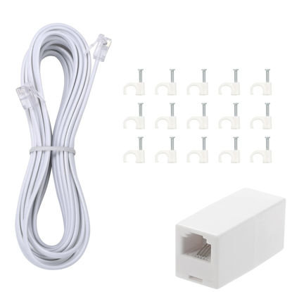 Picture of TOYAYAYO Long Telephone Extension Cord Phone Cable Line Wire, with Standard RJ11 Plug and 1 in-Line Couplers and 15 Cable Clip Holders-White (15feet)