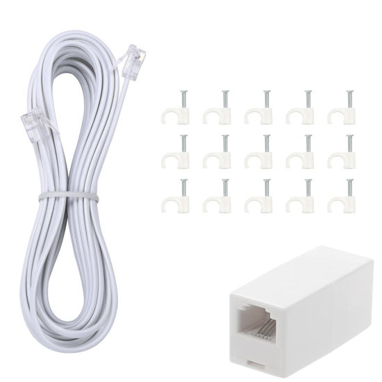 Picture of TOYAYAYO Long Telephone Extension Cord Phone Cable Line Wire, with Standard RJ11 Plug and 1 in-Line Couplers and 15 Cable Clip Holders-White (15feet)