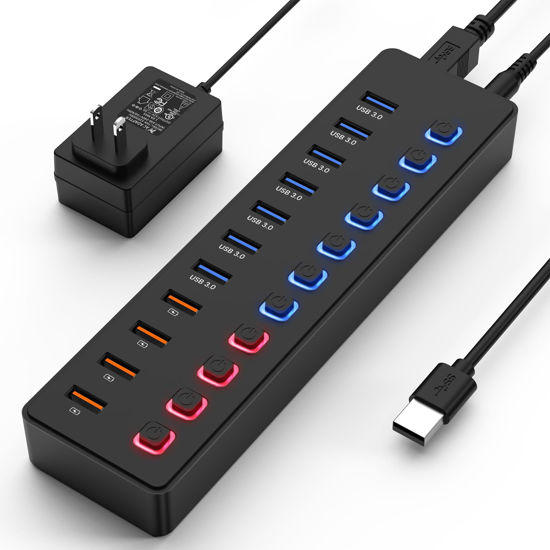 Picture of Powered USB hub,USB hub，11-Port hub Splitter (7 USB 3.0 Data Transfer Ports + 4 Smart Charging Port), Independent Switch (with LED Working Indicator) USB 3.0 Hub Powered with Power Adapter for Mac/PC