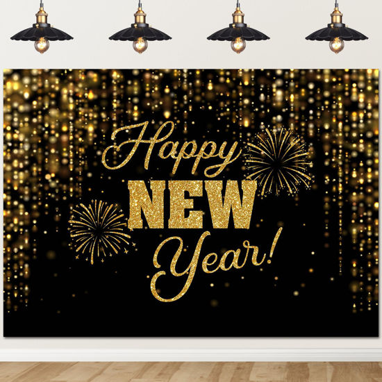 Picture of Mocsicka Happy New Year Backdrop Black Gold New Years Background 2025 New Years Eve Party Decorations Banner Photo Booth Props (7x5ft)