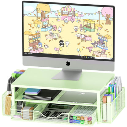 Picture of OPNICE Desk Organizers and Accessories, 2-Tier Computer Monitor Stand for Desk Organizer with Drawer and 2 Pen Holders, Office Desk Accessories Workspace Desktop Organizers for Office Supplies, Green