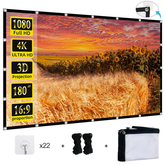 Picture of Projector Screen 180 inch, XINLEMY Large 4K HD 16:9 Foldable Portable Projection Cinema Screen Washable Double-Sided Video Projector Screen Suitable for Backyard Partying