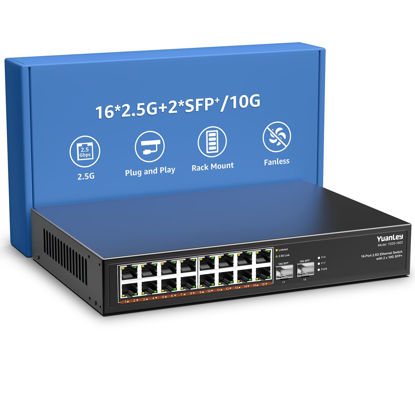 Picture of 18 Port 2.5G Umanaged Ethernet Switch, 16 x 2.5Gb Base-T Ports, 2 x 10G SFP+, Compatible with 100/1000/2500Mbps, Metal Fanless, Desktop/Rack Mount YuanLey 2.5Gbe Network Switch for Wireless AP, PC