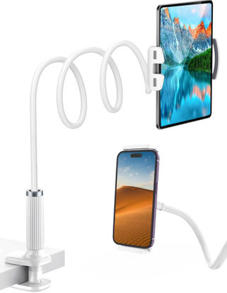 Picture of Niumowa Gooseneck Tablet Holder - Flexible Tablet Stand, Tablet Holder,Cell Phone Holder,Cell Phone Stand, Flexible Adjustable Arm in Bed for/Mobile Phone/Switch/etc, 98 cm Total Length (White)