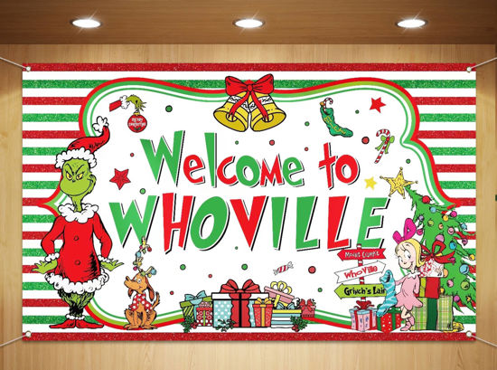 Picture of Sunwer Welcome to Whoville Photo Booth Backdrop Green Christmas Winter Holiday Party Decorations Home Indoor Outdoor Wall Hanging Banner (White-A, 7×5ft)