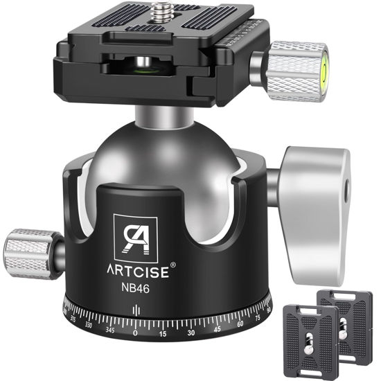 Picture of 46mm Low Profile Ball Head Tripod Ball Head ARTCISE NB46 Heavy Duty Tripod Head All Metal CNC Machining with Three 1/4" Quick Release Plates for Tripod, Monopod, DSLR, Camcorder, Max Load 55lbs /25kg