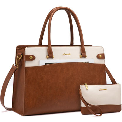 Picture of LOVEVOOK Laptop Bag for Women, Vintage Leather Laptop Tote Bag Work Bags for Women, Waterproof Computer Bag Business Office Briefcase Large Shoulder Handbag Purse, 15.6 Inch, Brown-Beige