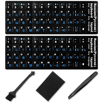 Picture of Russian Keyboard Stickers[5 in 1],Cyrillic Keyboard Letters Replacement Sticker Black Background with Blue Lettering,Russian-English Keyboard Sticker for Computer Laptop Notebook Desktop