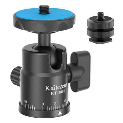 Picture of Kaitezenz Mini Ball Head, Panoramic Camera Tripod Head with 1/4" Screw and Dual Hot Shoe Mount, 360 Rotatable Metal Adapter for DSLR Camera Tripods Monopods Camcorder Light Microphone, Max Load 5.5lbs
