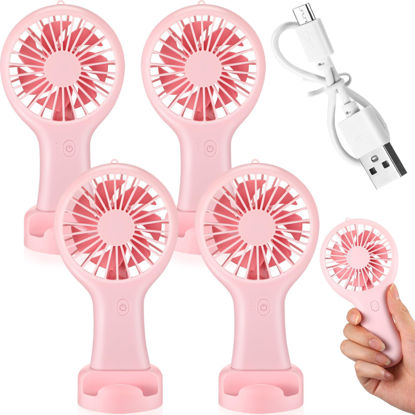 Picture of Woanger 4 Pcs Mini Handheld Fan Bulk Battery Operated Small Fans with Data Cable and Mounting Base Portable USB Electric Fan Small Rechargeable Quiet Pocket Fan Summer (Pink)