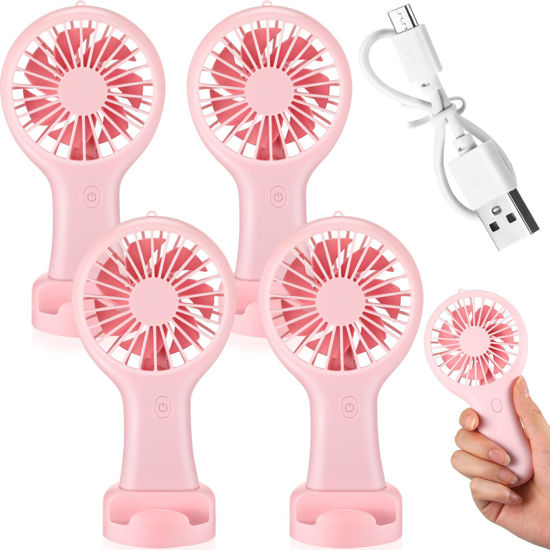 Picture of Woanger 4 Pcs Mini Handheld Fan Bulk Battery Operated Small Fans with Data Cable and Mounting Base Portable USB Electric Fan Small Rechargeable Quiet Pocket Fan Summer (Pink)