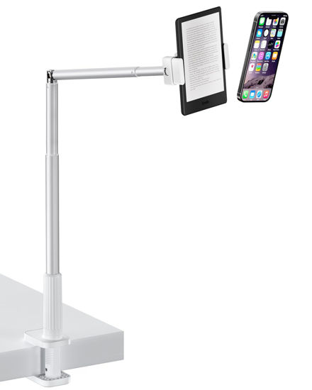 Picture of Viozon Tablet Holder Stand, Phone/Kindle Holder with Flexible Aluminum Alloy Long Arm, C Clamp for Headboard Bedside&Table, Compatible with 3.5-11" iPad,Kindle, iPhone 15 14 Plus/Pro Max,W
