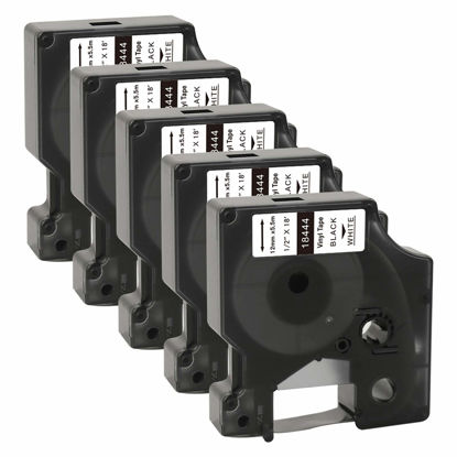 Picture of TITBIT 18444 Permanent Vinyl Label Tape 1/2" Replacement for DYMO Rhino 18444 Fit with DYMO Rhino 4200 5200 5000 6000 6500 Industrial Label Maker,12mm(1/2 Inch) x 18 feet Black on White,5 Pack