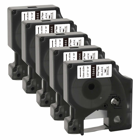 Picture of TITBIT 18444 Permanent Vinyl Label Tape 1/2" Replacement for DYMO Rhino 18444 Fit with DYMO Rhino 4200 5200 5000 6000 6500 Industrial Label Maker,12mm(1/2 Inch) x 18 feet Black on White,5 Pack