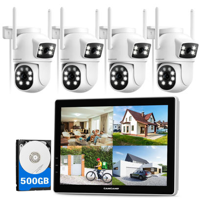 Picture of CAMCAMP Wireless Security Camera System with 10.1" Monitor, 4pcs 2K Dual Lens 2.4G&5G WiFi Pro Outdoor PTZ Camera, 2-Way Audio, Color Night Vision, Auto Tracking,24/7 Record,500GB HDD,10CH Expandable