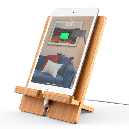 Picture of Pezin & Hulin Bamboo Tablet Stand Adjustable, Desktop Cell Phone Stand Holder Dock Compatible with Pad 9.7, 10.5, 12.9, Air 2 3 4 Mini, Kindle, Phone 8 Plus X XS Max XR (Support to 4.7-13" Devices)