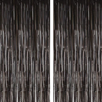 Picture of 2pcs 3.2ft x 8.2ft Shiny Black Metallic Tinsel Foil Fringe Curtain Photo Booth Backdrop Props for Birthday Wedding Bridal Shower Baby Shower Celebration Bachelorette Party Decorations (Black)