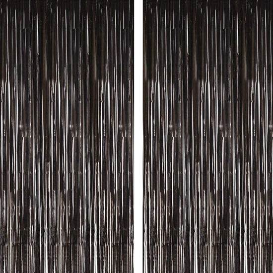 Picture of 2pcs 3.2ft x 8.2ft Shiny Black Metallic Tinsel Foil Fringe Curtain Photo Booth Backdrop Props for Birthday Wedding Bridal Shower Baby Shower Celebration Bachelorette Party Decorations (Black)