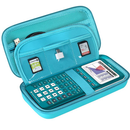 Picture of BOVKE Hard Calculator Case for Texas Instruments TI-84 Plus CE Color Graphing Calculator/TI-84 Plus/TI-83 Plus CE, Extra Zipped Pocket for USB Cables, Charger, Manual and More, Turquoise