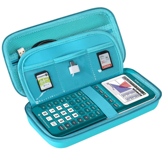 Picture of BOVKE Hard Calculator Case for Texas Instruments TI-84 Plus CE Color Graphing Calculator/TI-84 Plus/TI-83 Plus CE, Extra Zipped Pocket for USB Cables, Charger, Manual and More, Turquoise