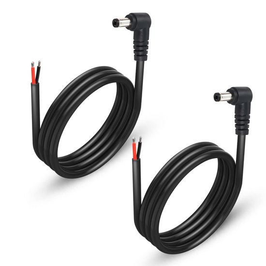 Picture of GINTOOYUN 2 Pack 90 Degree DC Power Pigtails Cable, Right Angle DC 5.5mm x 2.5mm Male Plug to Bare Wire Open End Power Supply Replacement Repair Cord, for Monitors, LED Strip Light, Camera,3FT 1m