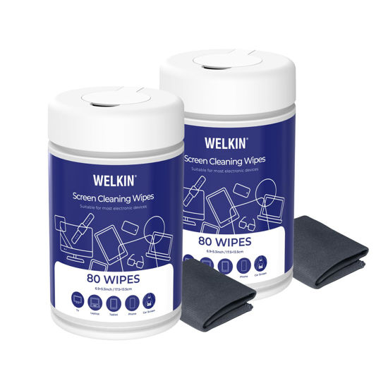 Picture of WELKIN 80 * 2 Electronics Cleaning Wipes - Non Toxic Screen Cleaner, Streak Free Touchscreen Cleaning for All Phones, Laptop, Computer, TV and Car，2 X Microfiber Cloth Included