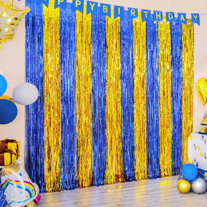 Picture of LOLStar 2 Pack Navy Blue and Gold Party Decorations, 3.3x6.6 ft Foil Fringe Curtains, Tinsel Backdrop, Graduation Photo Booth Prop Streamer Backdrop for Birthdays, Ramadan, Retirement, Graduations