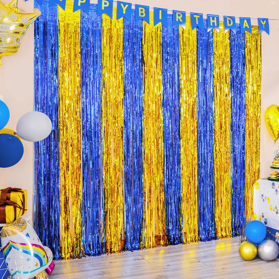 Picture of LOLStar 2 Pack Navy Blue and Gold Party Decorations, 3.3x6.6 ft Foil Fringe Curtains, Tinsel Backdrop, Graduation Photo Booth Prop Streamer Backdrop for Birthdays, Ramadan, Retirement, Graduations