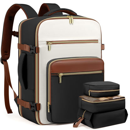 Picture of LOVEVOOK Travel Backpack For Women,50L Carry On Backpack Flight Approved,TSA Personal Item Travel Bag Fits 18 Inch Laptop,Business Weekender Overnight Daypack with Toiletry Bag and Cube,White brown