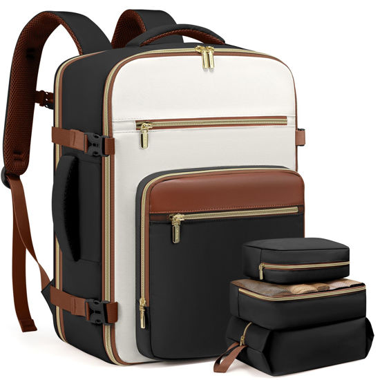 Picture of LOVEVOOK Travel Backpack For Women,50L Carry On Backpack Flight Approved,TSA Personal Item Travel Bag Fits 18 Inch Laptop,Business Weekender Overnight Daypack with Toiletry Bag and Cube,White brown
