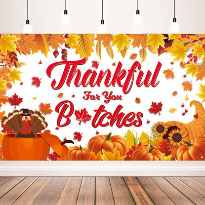 Picture of Friendsgiving Party Banner, Fall Maple Leaves Turkey Pumpkin Themed Backdrop for Friendsgiving Party Decorations, 71x43 Inches