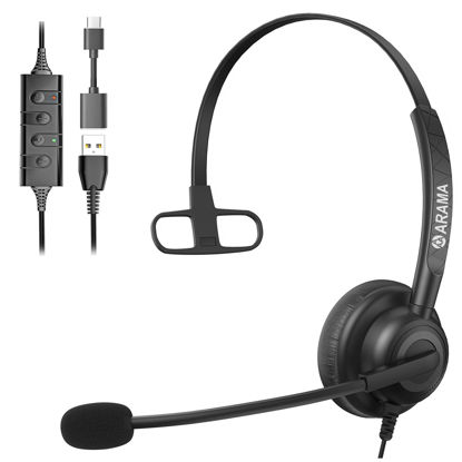 Picture of Arama Headset with Microphone for Pc, USB Headset with Mic, Computer Headset with Noise Canceling Microphone for Laptop, Wired Headset with Mute for Home Office Online Class Skype Zoom Meetings