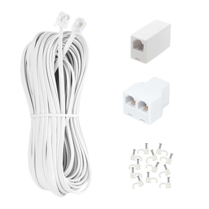 Picture of Long Telephone Extension Cord 100FT, White, Phone Cable Line Wire with Standard RJ11 Plug, 1 Phone Line Splitter, 1 in-line Coupler and 65 Cable Clip Holders for Telephone Calling Communication